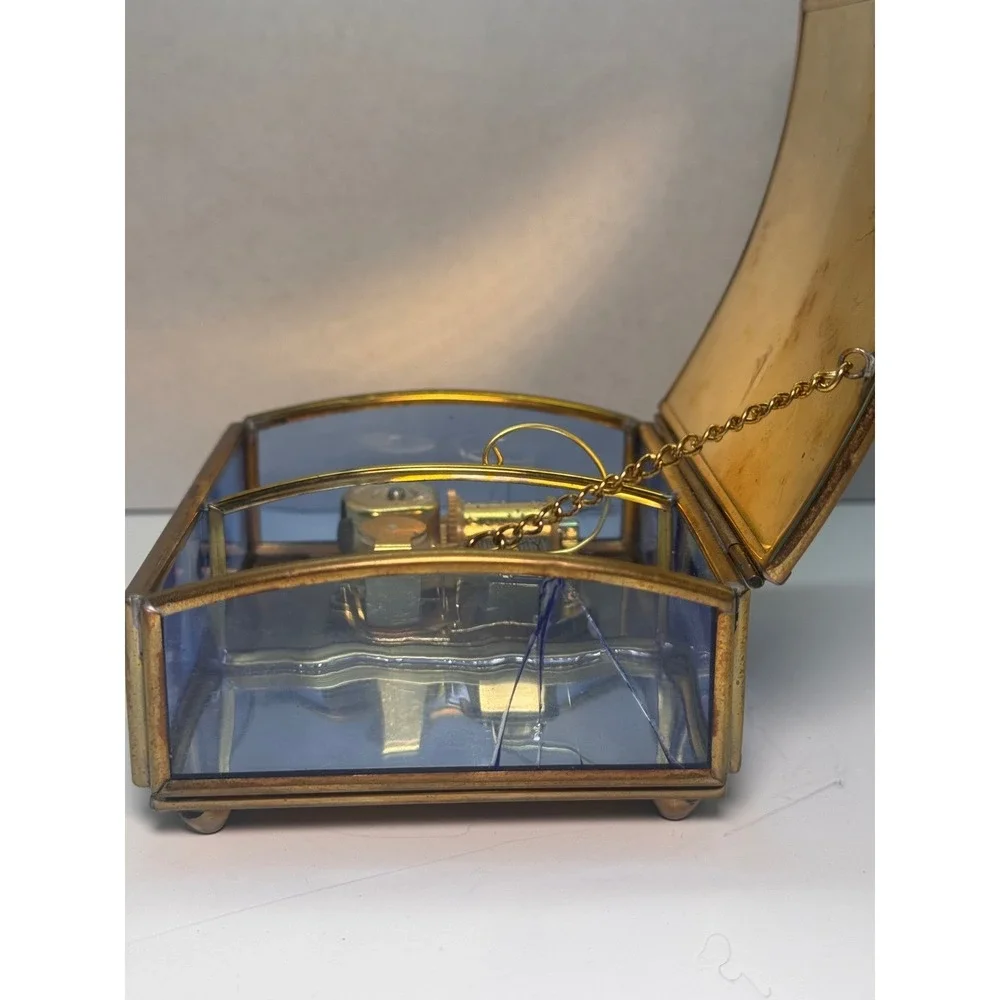 RARE Vintage Kitten Music Jewelry Trinket Box Blue Glass Brass Tone Slight Crack